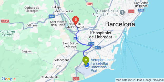 Map: Barcelona Airport (BCN) to Sant Feliu de Llobregat