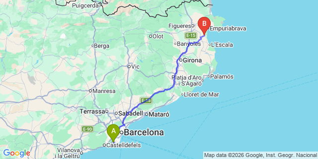 Map: Barcelona Airport (BCN) to Sant Pere Pescador