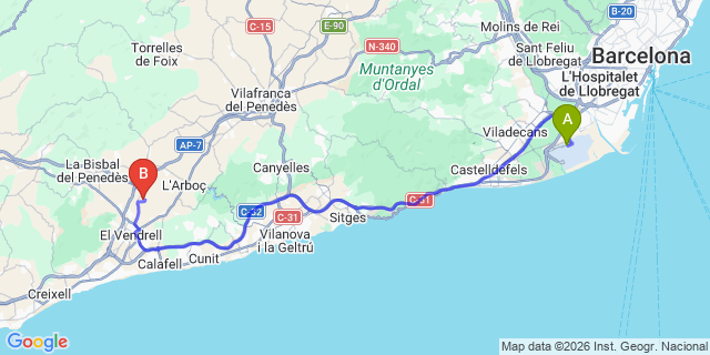 Map: Barcelona Airport (BCN) to Santa Oliva