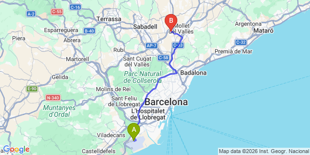 Map: Barcelona Airport (BCN) to Santa Perpetua de Mogoda