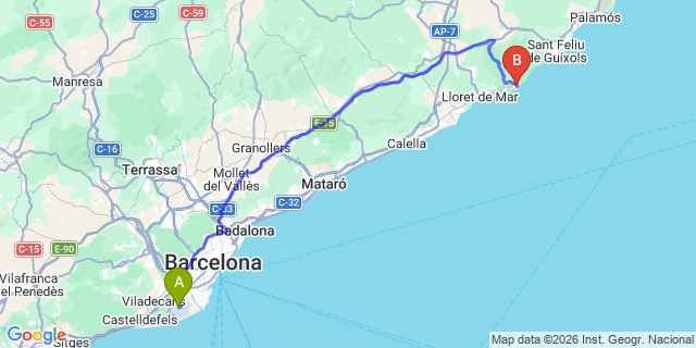 Map: Barcelona Airport (BCN) to Tossa de Mar