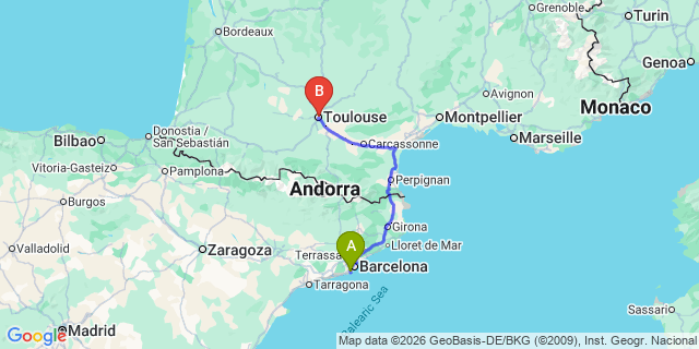 Map: Barcelona Airport (BCN) to Toulouse