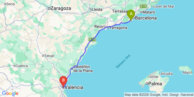 Map: Barcelona Airport (BCN) to Valencia