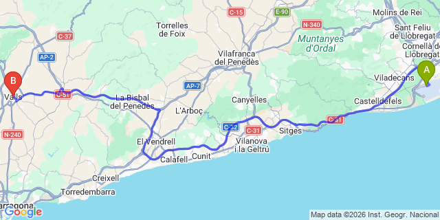 Map: Barcelona Airport (BCN) to Valls