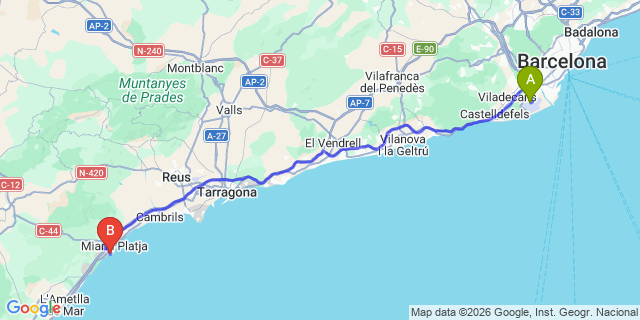 Map: Barcelona Airport (BCN) to Vandellos