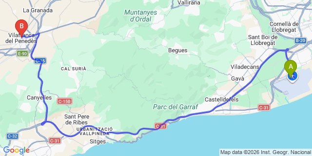 Map: Barcelona Airport (BCN) to Vilafranca del Penedes