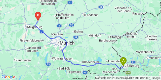 Map: Salzburg Airport (SZG) to Aichach