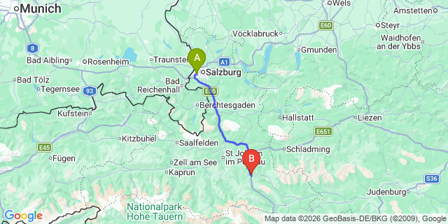 Map: Salzburg Airport (SZG) to Altenmarkt im Pongau