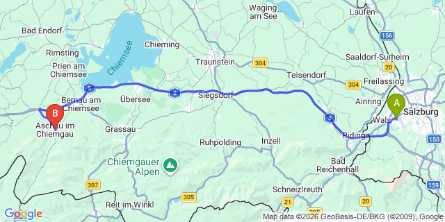 Map: Salzburg Airport (SZG) to Aschau im Chiemgau