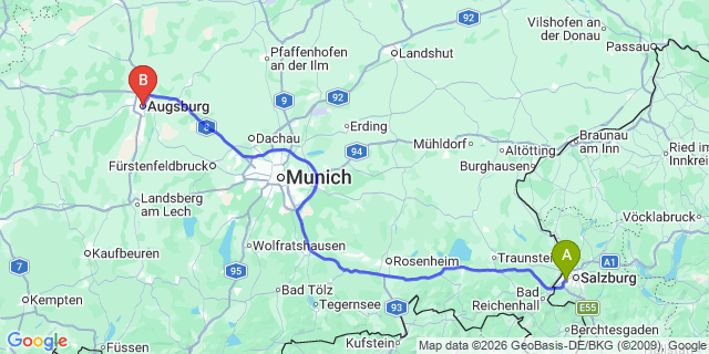 Map: Salzburg Airport (SZG) to Augsburg