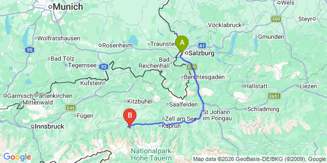 Map: Salzburg Airport (SZG) to Aurach bei Kitzbuhel