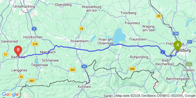Map: Salzburg Airport (SZG) to Bad Tölz