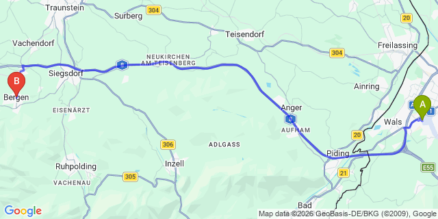 Map: Salzburg Airport (SZG) to Bergen (Chiemgau)