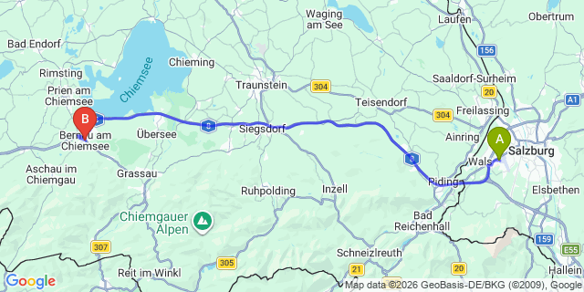 Map: Salzburg Airport (SZG) to Bernau am Chiemsee