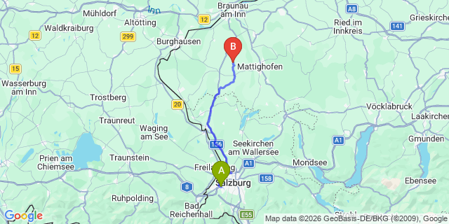 Map: Salzburg Airport (SZG) to Braunau am Inn