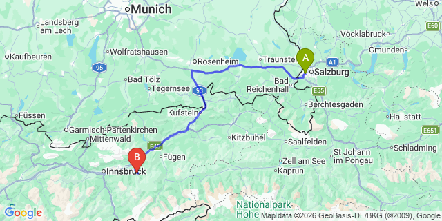 Map: Salzburg Airport (SZG) to Brixen in Südtirol