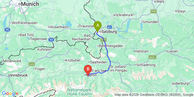 Map: Salzburg Airport (SZG) to Camping Sport-Camp Woferlgut
