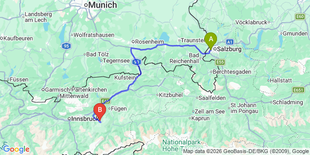 Map: Salzburg Airport (SZG) to Campitello di Fassa