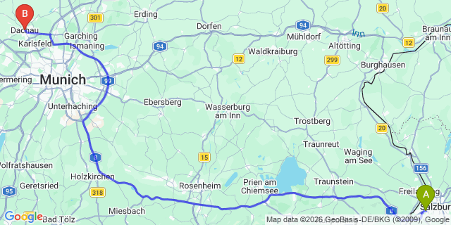 Map: Salzburg Airport (SZG) to Dachau