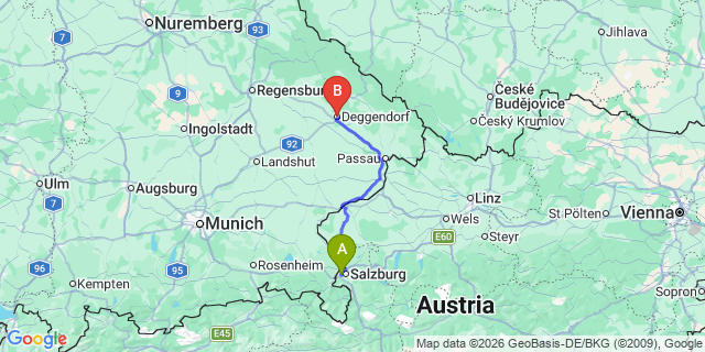 Map: Salzburg Airport (SZG) to Deggendorf
