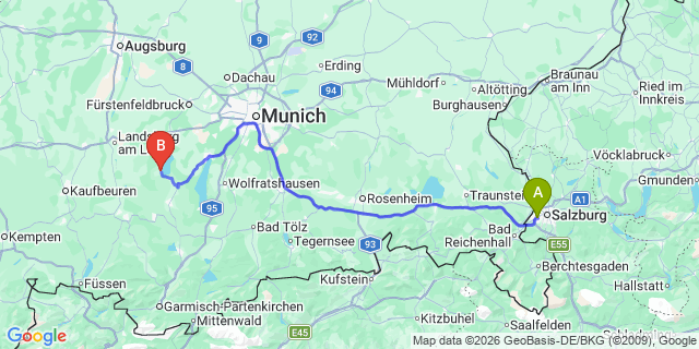 Map: Salzburg Airport (SZG) to Dießen am Ammersee