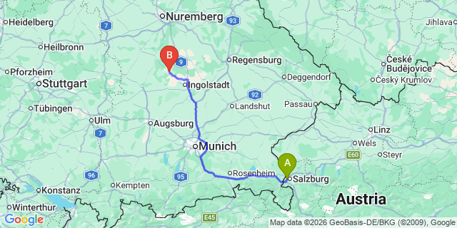 Map: Salzburg Airport (SZG) to Eichstätt