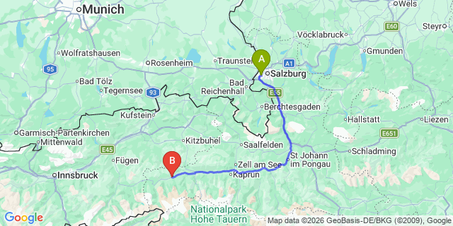 Map: Salzburg Airport (SZG) to Ellmau