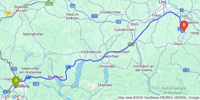 Map: Salzburg Airport (SZG) to Enns