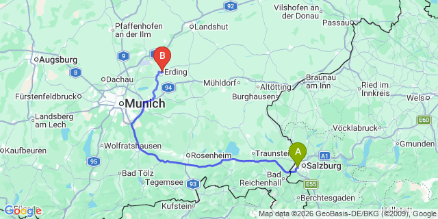 Map: Salzburg Airport (SZG) to Erding