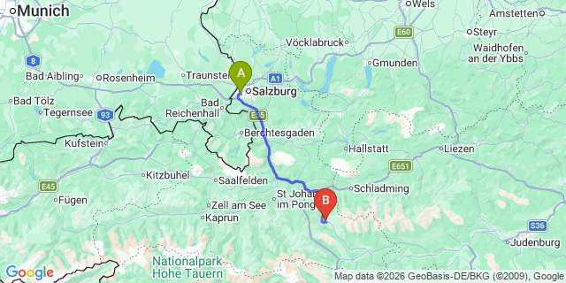 Map: Salzburg Airport (SZG) to Filzmoos