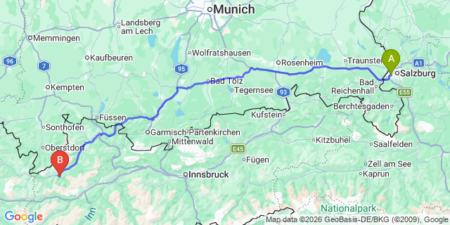 Map: Salzburg Airport (SZG) to Flirsch Arlberg