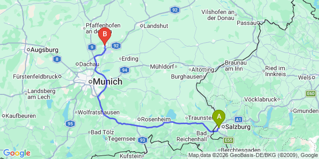 Map: Salzburg Airport (SZG) to Freising