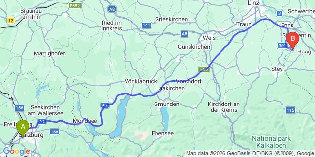 Map: Salzburg Airport (SZG) to Freistadt