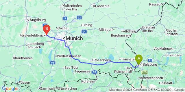 Map: Salzburg Airport (SZG) to Fürstenfeldbruck