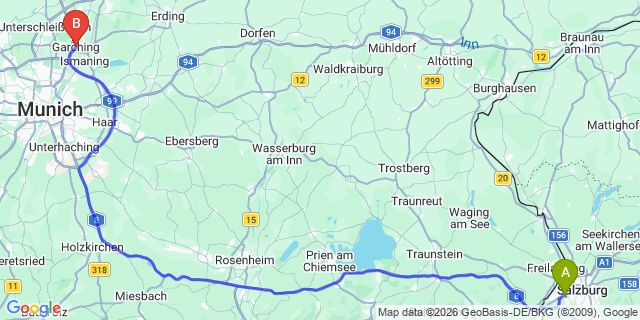 Map: Salzburg Airport (SZG) to Garching bei München