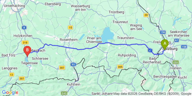 Map: Salzburg Airport (SZG) to Gmund am Tegernsee