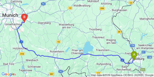 Map: Salzburg Airport (SZG) to Grasbrunn