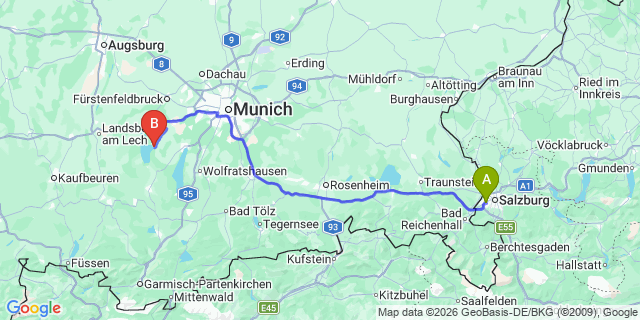 Map: Salzburg Airport (SZG) to Herrsching am Ammersee