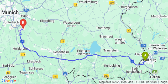 Map: Salzburg Airport (SZG) to Höhenkirchen-Siegertsbrunn