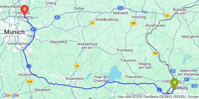 Map: Salzburg Airport (SZG) to Ismaning