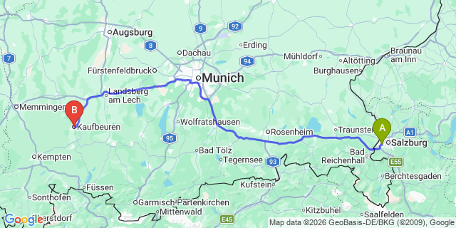 Map: Salzburg Airport (SZG) to Kaufbeuren