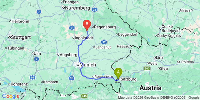 Map: Salzburg Airport (SZG) to Kelheim