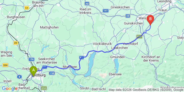 Map: Salzburg Airport (SZG) to Kirchdorf an der Krems