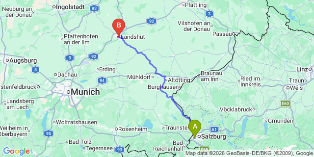 Map: Salzburg Airport (SZG) to Landshut