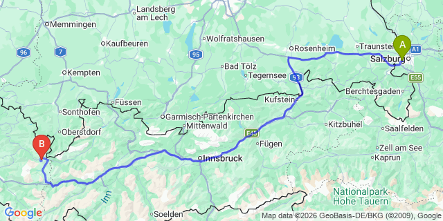 Map: Salzburg Airport (SZG) to Lech am Arlberg