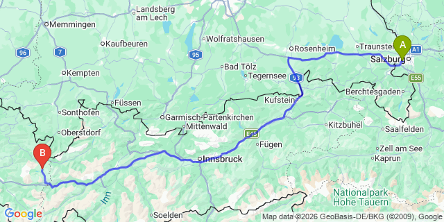 Map: Salzburg Airport (SZG) to Lech (Austria)