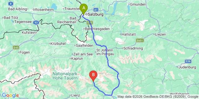 Map: Salzburg Airport (SZG) to Mallnitz