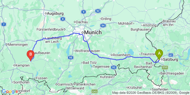 Map: Salzburg Airport (SZG) to Marktoberdorf