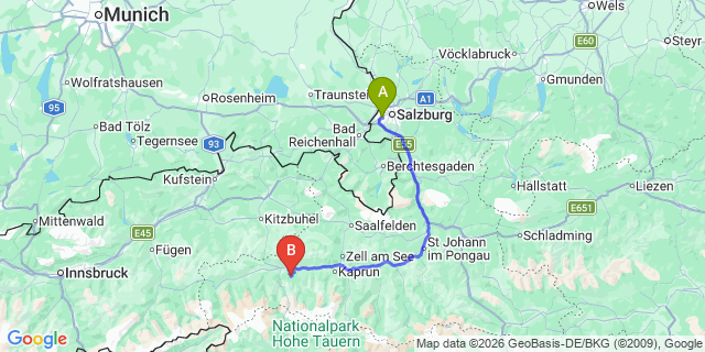 Map: Salzburg Airport (SZG) to Matrei in Osttirol