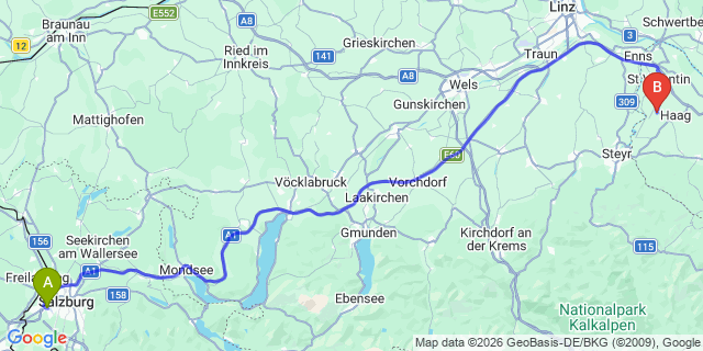 Map: Salzburg Airport (SZG) to Mauthausen